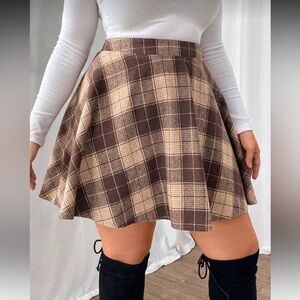SHEIN Brown & Cream Plaid High-Waist Skater Skirt